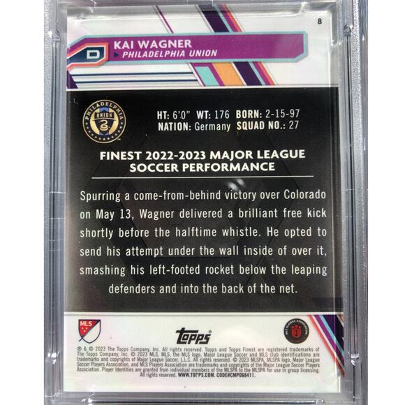 2023 Topps Finest MLS Black Refractor 8 Kai Wagner Philadelphia Union /10 PSA 10 - Picture 7 of 7